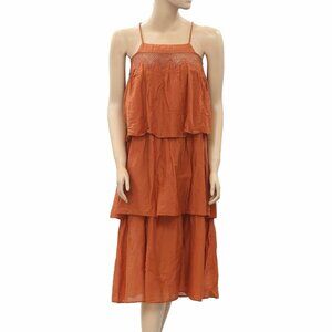 HappyxNature Kate Hudson Tiered Slip Midi Dress Rust Crochet Lace Tie XXS
